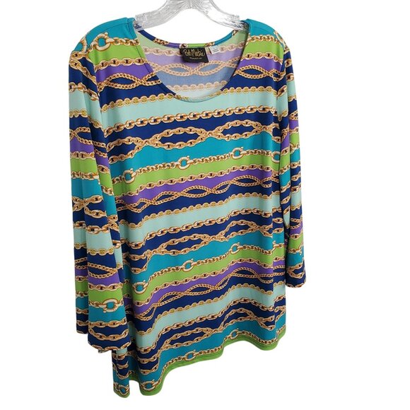 Bob Mackie Wearable Art L Tunic Top Chain Print Multicolor Liquid Knit Pullover - Picture 1 of 10